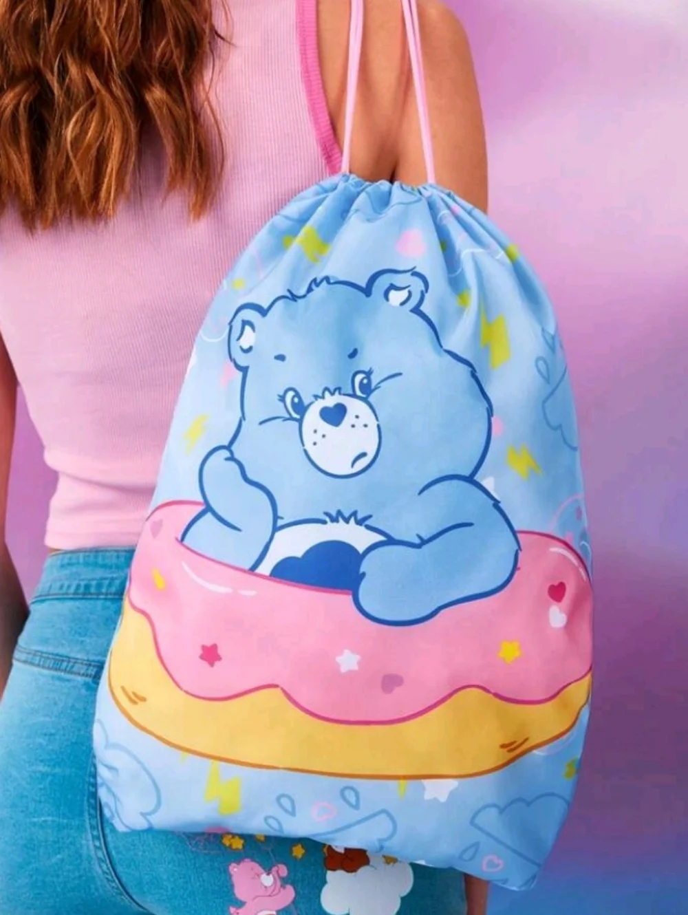 Care Bears Blue Drawstring Satchel with Pink Donut Graphic